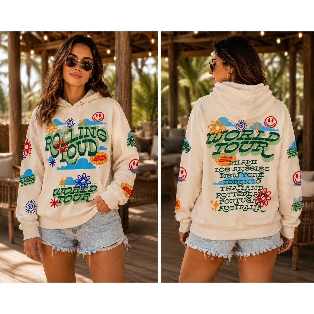 Rolling Loud World Tour Graphic Hoodie Cream Size L Festival Streetwear